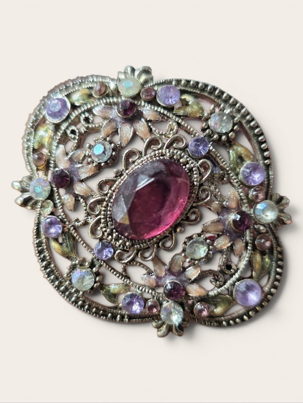 Antique Floral Filigree Brooch with Pink Center Stone And Purple Accents